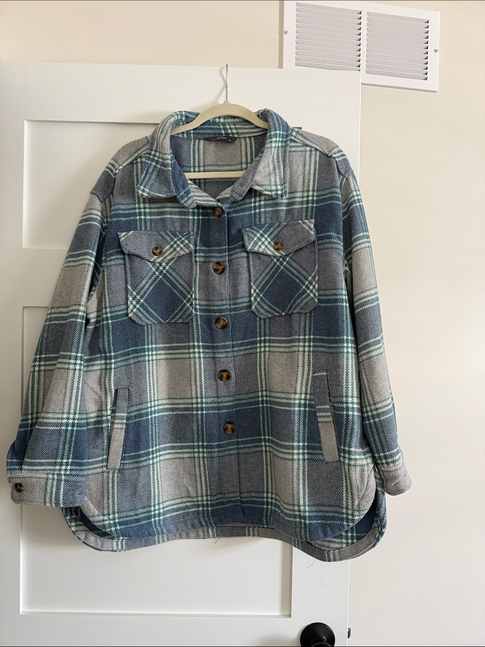 Plaid Button-Front Shacket in Blue and Gray plaid
